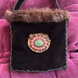 🤎🤎🤎Silk velvet purse bag handbag black beaded with rabbit fur trim
